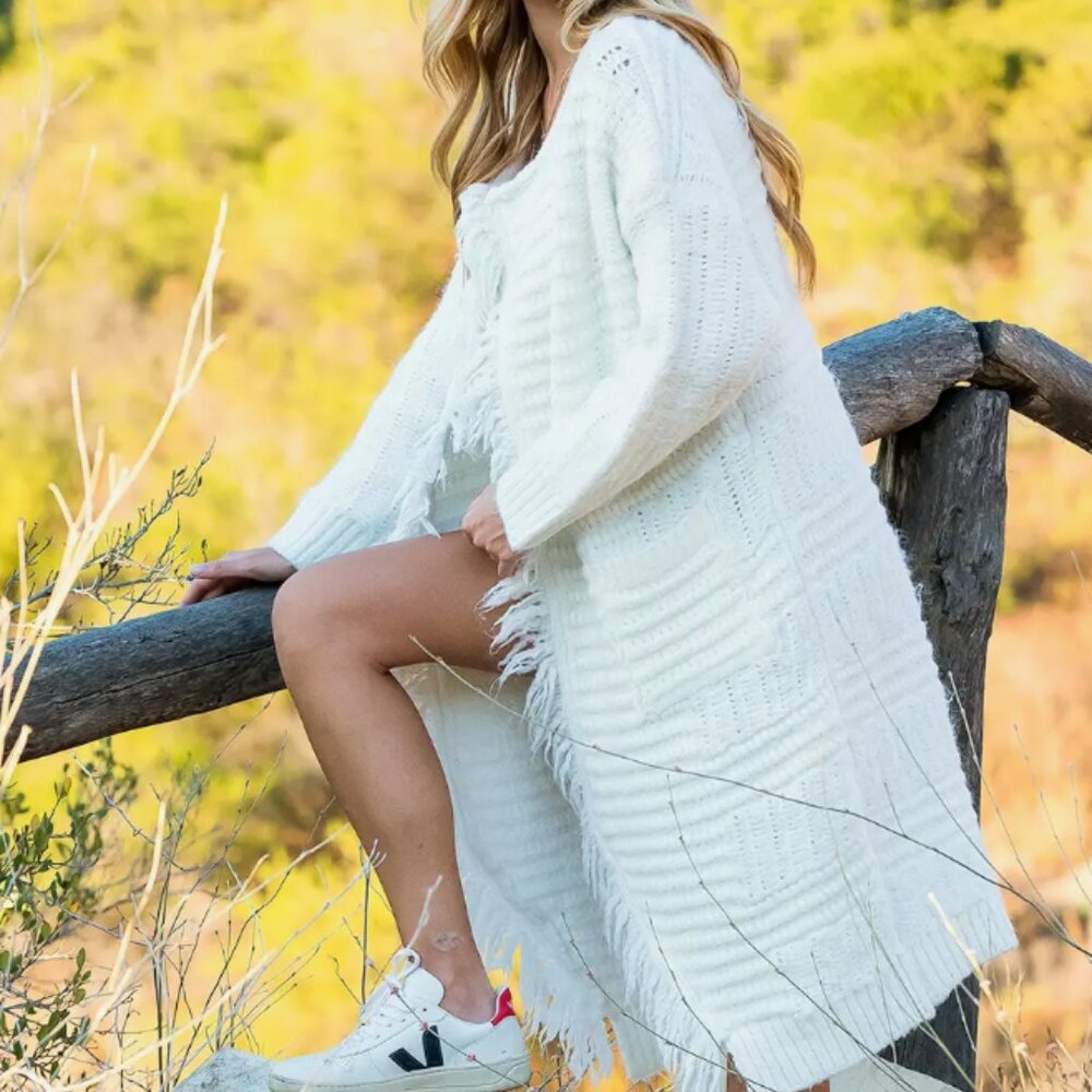 White Boho Long Fringed Cardigan Sweater Jacket NEW!